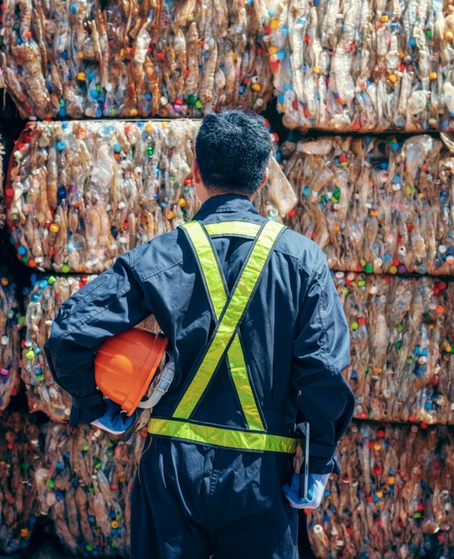 Engineer,Standing,And,Looking,Back,The,Plastic,Bottle,In,The